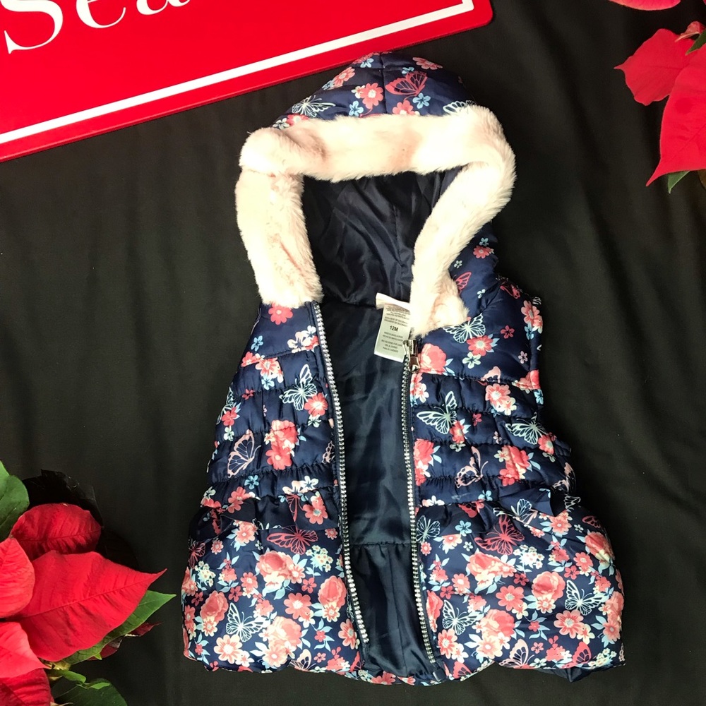 Girls Pink/Blue Floral and Butterfly Hooded Vest Jacket